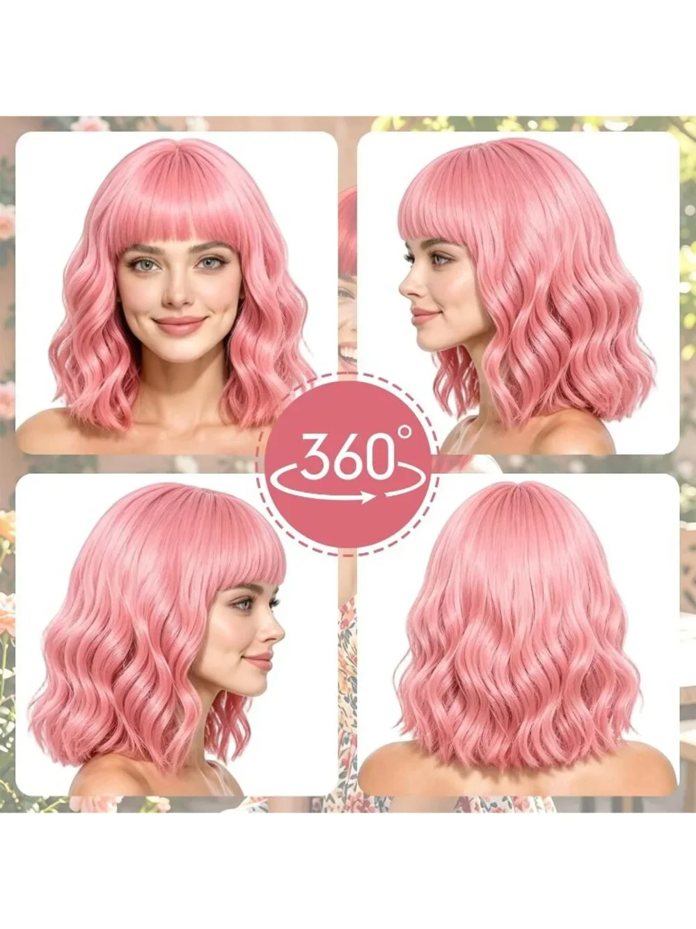 Women's Bright Pink Curly Bob Synthetic Wigs Bangs With Neon Heart Sunglasses